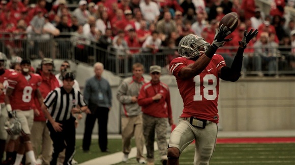 Redshirt freshman T.Y. Williams tracks the ball in the air during his 68 yard touchdown reception.