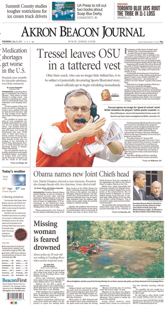 Akron Beacon Journal: Tressel Leaves OSU in a Tattered Vest