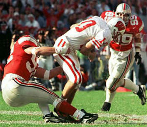 Matt Finkes and Luke Fickell close in for the kill against the Badgers