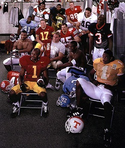 Left to right, top row: Michael Myers, tackle, Alabama; Charles Woodson, back, Michigan; Grant Wistrom (98), end, Nebraska. Second row: Brian Simmons (41), linebacker, North Carolina; Jim Wren (17), punter, Southern California; Andy Katzenmoyer (45), linebacker, Ohio State; Jason Chorak (46), linebacker, Washington. Third row: Anthony Simmons, linebacker, Clemson; Daryl Bush, Anson Mount Scholar/Athlete, Florida State; Dre' Bly, back, North Carolina; Anthony Pointdexter (3), back, Virginia. Bottom row: Daylon McCutcheon (1), back, Southern California; Leonard Little (1), end, Tennessee.