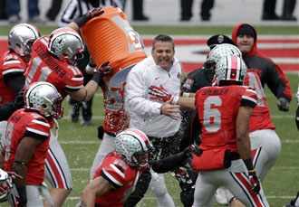 Urban Meyer gets a Gatorade shower after the Buckeyes finish 12-0