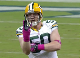 A.J. Hawk loves the hand gestures towards his side line.