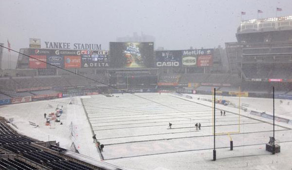 The Pinstripe Bowl hosted a football game in the snow. And that's the way we like it.