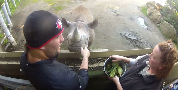 Alex Boone with the rhino named after him at the SF Zoo.