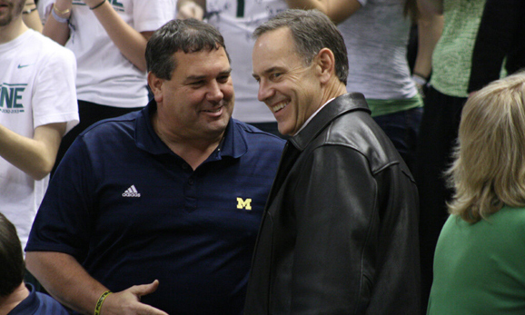 Brady Hoke and Mark Dantonio, best buds, taking in a game at the Breslin