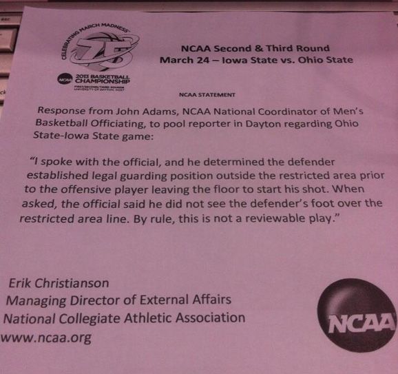 The NCAA issued a statement on the controversial charge call Aaron Craft drew late against Iowa State.