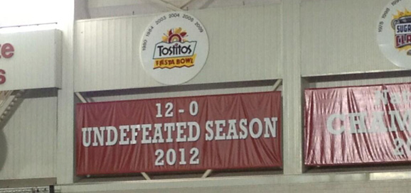 A new banner, celebrating Ohio State's 12-0 season is hanging at WHAC