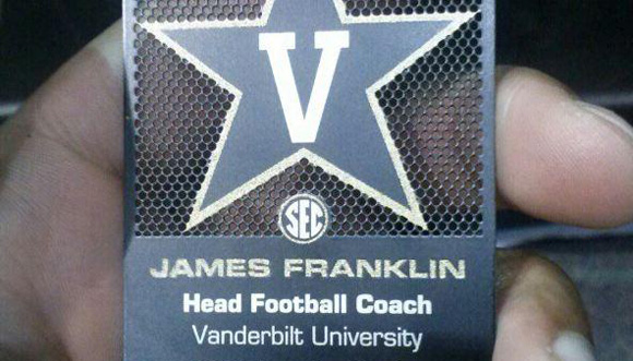 James Franklin's business card, which he presumably handed to a 7th-grader.