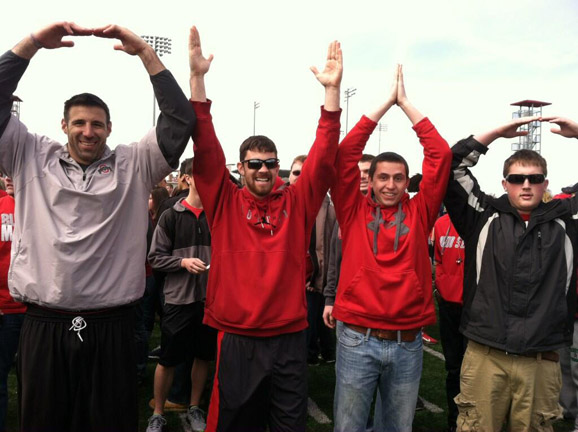 Mike Vrabel joins fans for an O-H-I-O.