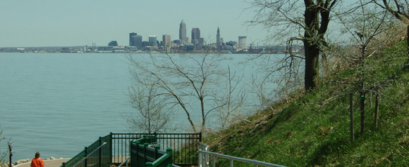 The skyline of the city of Cleveland from Lakewood