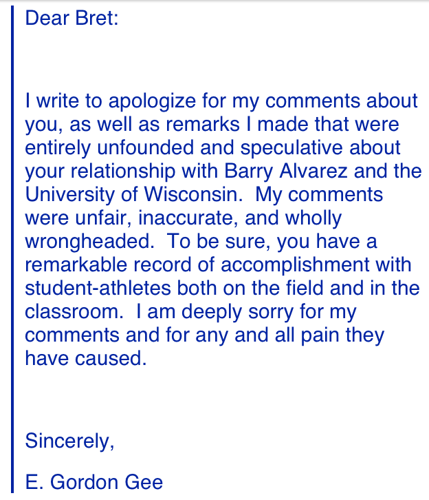 Gee's apology to Bielema, posted for all of Twitter to see