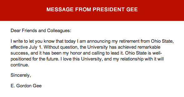 Gordon Gee's retirement letter to faculty, students and staff