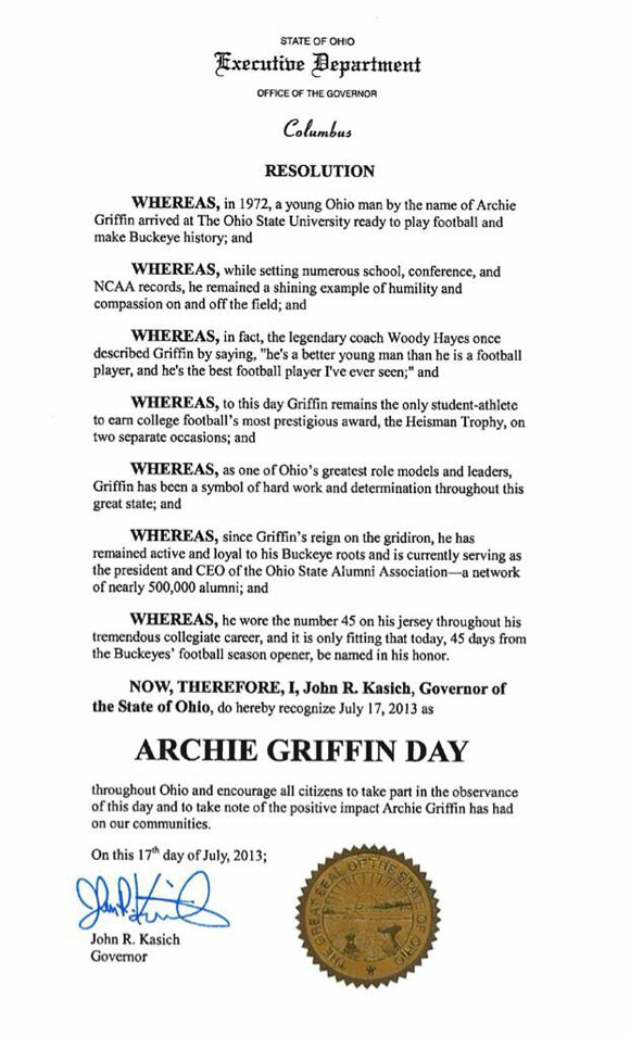 July 17, 2013: Archie Griffin Day in the state of Ohio