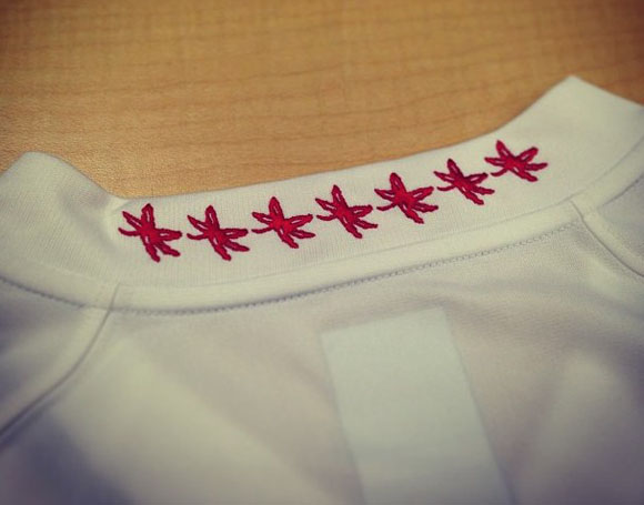 Seven scarlet Buckeye Leafs on the back of Ohio State's new road jerseys