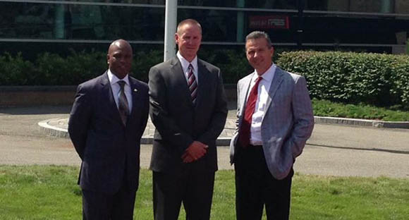 Darrell Hazell, Gary Andersen, and Urban Meyer outside ESPN's complex in Bristol