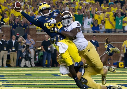 Devin Gardner throws an interception from his own end zone against Notre Dame.