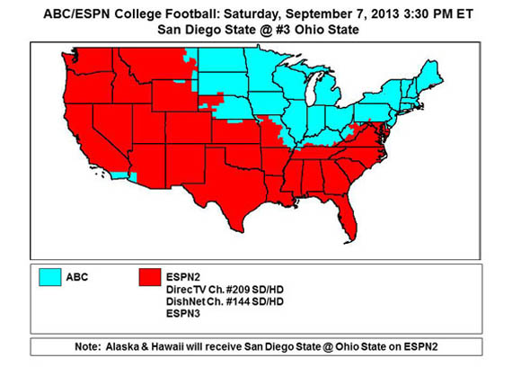 ABC/ESPN2 covarege map for Saturday's game with San Diego State