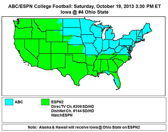 ABC/ESPN2 Coverage map for Ohio State-Iowa on Saturday.