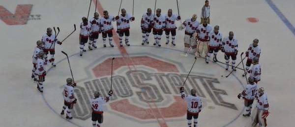 The Buckeyes celebrate win number one with the traditional postgame crowd salute