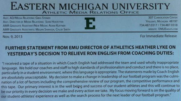 Statement from Eastern Michigan on Ron English's termination.