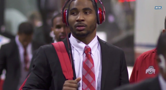 Braxton Miller walks in to Lucas Oil Stadium for the Big Ten Championship Game