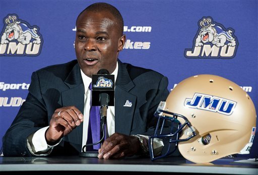 James Madison's new football coach, Everett Withers, speaks during a news conference at which he was officially introduced, Tuesday, Jan 7, 2014, in Harrisonburg, Va.