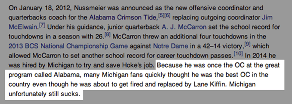 Doug Nussmeier's Wikipedia page was on point minutes after it was announced he was leaving for Michigan.