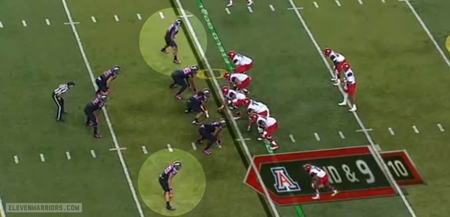 Oregon's OLB playing near the line to cover overflow and the flats.