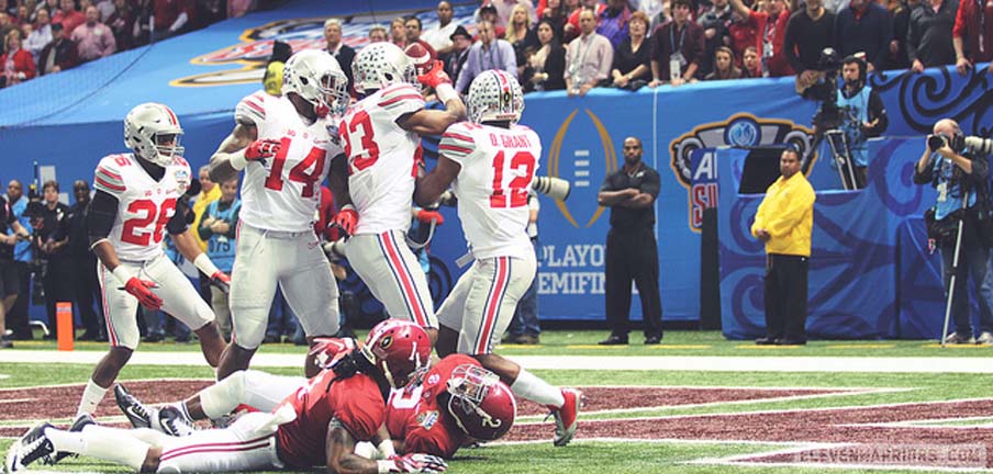 Ohio State celebrates a pick six against Alabama in the Sugar Bowl.