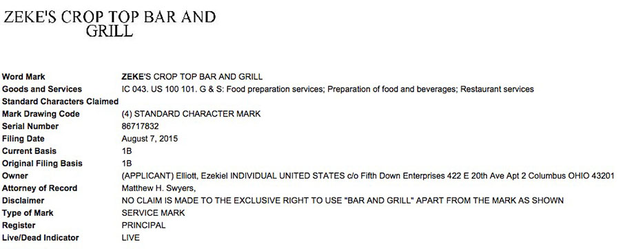 Ezekiel Elliott's trademark registration for Zeke's Crop Top Bar and Grill