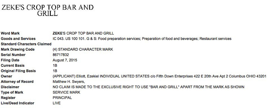Ezekiel Elliott's trademark registration for Zeke's Crop Top Bar and Grill Ezekiel Elliott's trademark registration for Zeke's Crop Top Bar and Grill