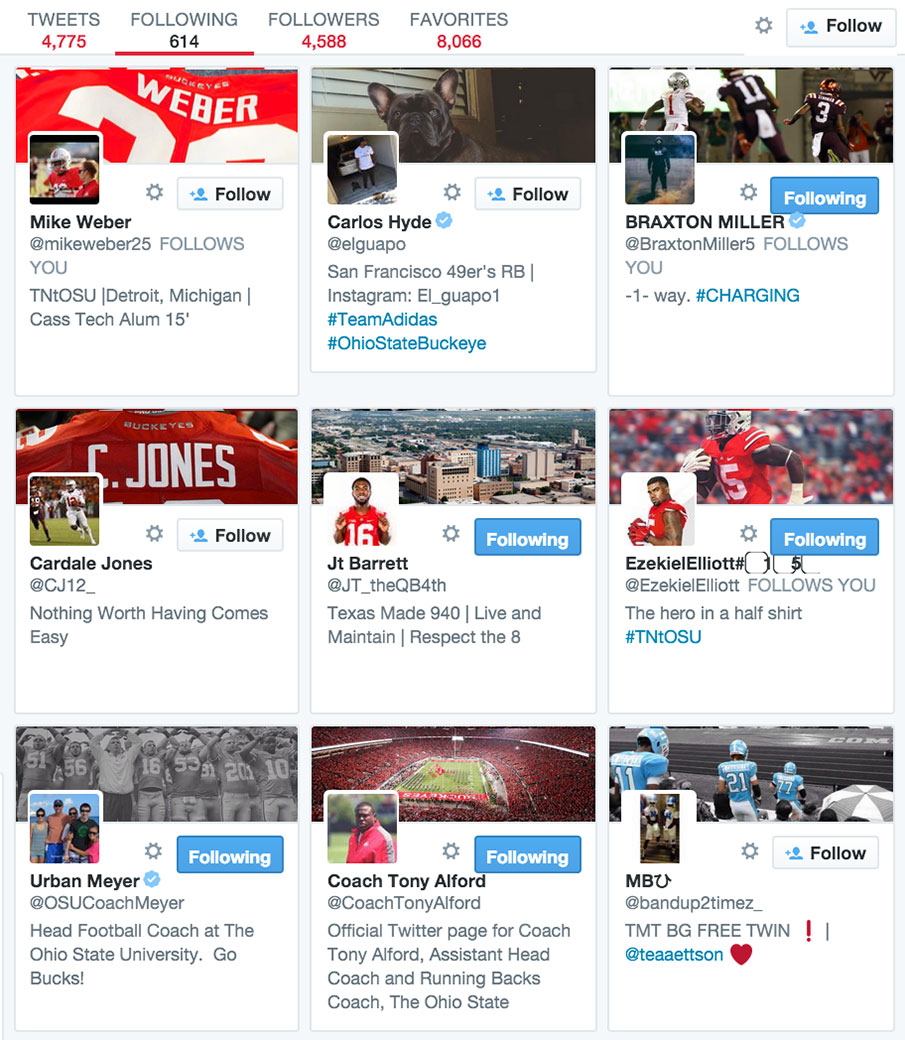 The recent Twitter follows of Antonio Williams, a Wisconsin 2016 commitment.