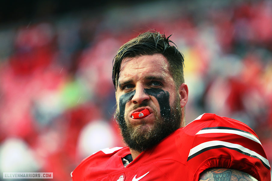 Taylor Decker in the rain prior to the Buckeyes' home game against NIU.