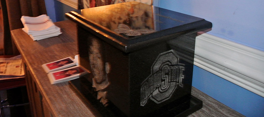 Kevin Randleman's urn. He was a Buckeye to the grave. Kevin Randleman's urn. He was a Buckeye to the grave.