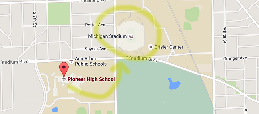 The proximity of Pioneer High School to Michigan Stadium.