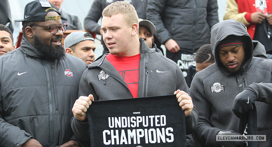 Pat Elflein celebrates Ohio State's 2015 national championship.