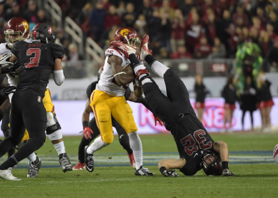 	Dec 5, 2015; Santa Clara, CA, USA; Southern California Trojans running back Ronald Jones II (25) collides with Stanford Cardinal linebacker Joey Alfieri (32) during the Pac-12 Conference football championship game at Levi's Stadium. Stanford defeated USC 41-22. Mandatory Credit: Kirby Lee-USA TODAY Sports