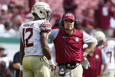 Sep 24, 2016; Tampa, FL, USA; Florida State Seminoles head coach Jimbo Fisher talks with Florida State Seminoles quarterback Deondre Francois (12) during a timeout in the second half against the South Florida Bulls at Raymond James Stadium. Florida State Seminoles won 55-35. Mandatory Credit: Logan Bowles-USA TODAY Sports