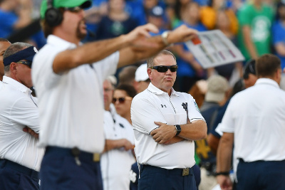 Sep 24, 2016; South Bend, IN, USA; Notre Dame Fighting Irish head coach Brian Kelly reacts on the sideline in the second quarter against the Duke Blue Devils at Notre Dame Stadium. Mandatory Credit: Matt Cashore-USA TODAY Sports