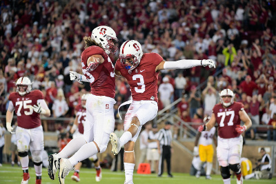 	Sep 17, 2016; Stanford, CA, USA; Stanford Cardinal wide receiver Michael Rector (3) celebrates scoring a touchdown against the USC Trojans with Stanford Cardinal fullback Daniel Marx (35) during a NCAA football game at Stanford Stadium. Stanford won 27-10. Mandatory Credit: Kirby Lee-USA TODAY Sports