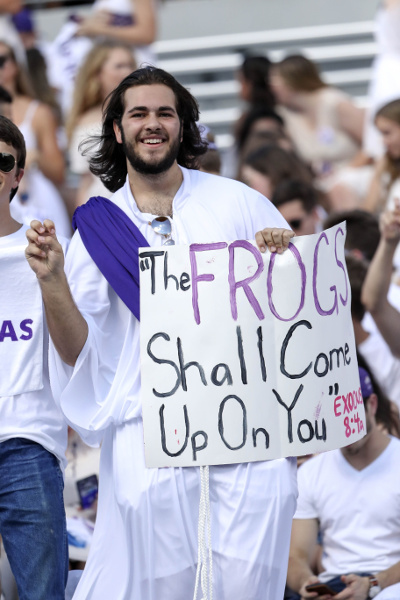 Sep 10, 2016; Fort Worth, TX, USA; TCU Horned Frogs fan before the game against the Arkansas Razorbacks at Amon G. Carter Stadium. Mandatory Credit: Kevin Jairaj-USA TODAY Sports