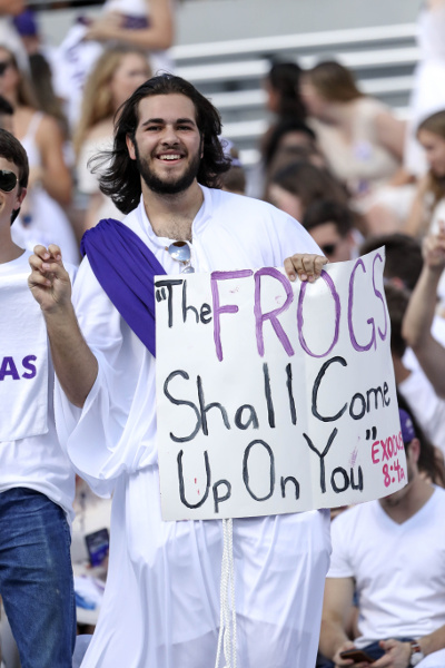 Sep 10, 2016; Fort Worth, TX, USA; TCU Horned Frogs fan before the game against the Arkansas Razorbacks at Amon G. Carter Stadium. Mandatory Credit: Kevin Jairaj-USA TODAY Sports Sep 10, 2016; Fort Worth, TX, USA; TCU Horned Frogs fan before the game against the Arkansas Razorbacks at Amon G. Carter Stadium. Mandatory Credit: Kevin Jairaj-USA TODAY Sports