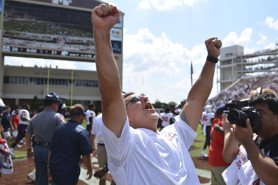 	Sep 3, 2016; Starkville, MS, USA; South Alabama Jaguars head coach Joey Jones reacts after the game against the Mississippi State Bulldogs at Davis Wade Stadium. South Alabama won 21-20. Mandatory Credit: Matt Bush-USA TODAY Sports