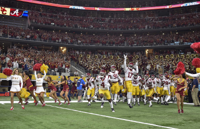 	Sep 3, 2016; Arlington, TX, USA; USC Trojans players enter the field before the game against the Alabama Crimson Tide at AT&T Stadium. Mandatory Credit: Jerome Miron-USA TODAY Sports