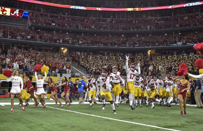 Sep 3, 2016; Arlington, TX, USA; USC Trojans players enter the field before the game against the Alabama Crimson Tide at AT&T Stadium. Mandatory Credit: Jerome Miron-USA TODAY Sports Sep 3, 2016; Arlington, TX, USA; USC Trojans players enter the field before the game against the Alabama Crimson Tide at AT&T Stadium. Mandatory Credit: Jerome Miron-USA TODAY Sports