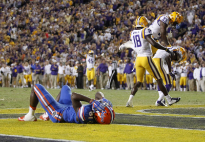 Oct 17, 2015; Baton Rouge, LA, USA; Florida Gators wide receiver Antonio Callaway (81) reacts after an incomplete pass as the LSU Tigers celebrate in the background during the fourth quarter at Tiger Stadium. LSU defeated Florida 35-28. Mandatory Credit: Crystal LoGiudice-USA TODAY Sports