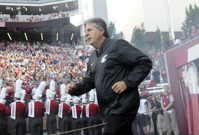Sep 3, 2016; Pullman, WA, USA; Washington State Cougars head coach Mike Leach runs out onto the field prior to a game against the Eastern Washington Eagles at Martin Stadium. Mandatory Credit: James Snook-USA TODAY Sports