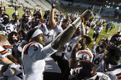 	Oct 8, 2016; Chapel Hill, NC, USA; Virginia Tech Hokies cornerback Brandon Facyson (31) celebrates after the game. The Hokies defeated the Tar Heels 34-3 at Kenan Memorial Stadium. Mandatory Credit: Bob Donnan-USA TODAY Sports