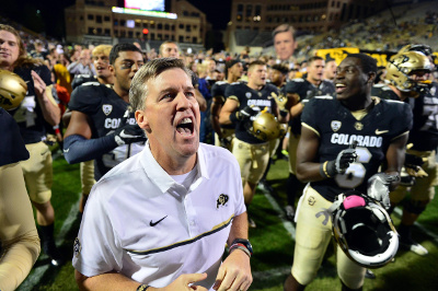 	Oct 15, 2016; Boulder, CO, USA; Colorado Buffaloes head coach Mike MacIntyre celebrates the win over the Arizona State Sun Devils at Folsom Field. The Buffaloes defeated the Sun Devils 40-16. Mandatory Credit: Ron Chenoy-USA TODAY Sports