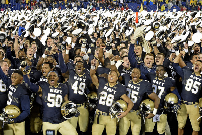 Oct 8, 2016; Annapolis, MD, USA; Navy Midshipmen celebrate on the field after defeating the Houston Cougars 46-40 at Navy Marine Corps Memorial Stadium. Mandatory Credit: Tommy Gilligan-USA TODAY Sports
